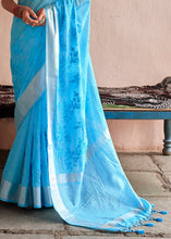 Load image into Gallery viewer, Dodger Blue Floral Embroidered Linen Saree
