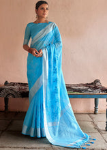 Load image into Gallery viewer, Dodger Blue Floral Embroidered Linen Saree