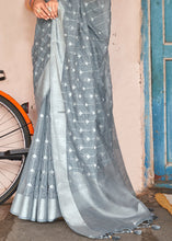 Carica l'immagine nel visualizzatore Galleria,Steel Grey Floral Embroidered Linen Saree