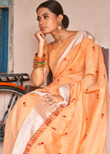 Load image into Gallery viewer, Amber Orange Floral Embroidered Linen Saree