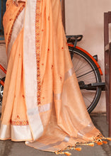 Load image into Gallery viewer, Amber Orange Floral Embroidered Linen Saree
