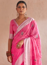 Load image into Gallery viewer, Hot Pink Floral Embroidered Linen Saree