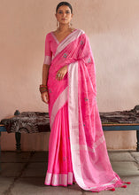 Load image into Gallery viewer, Hot Pink Floral Embroidered Linen Saree