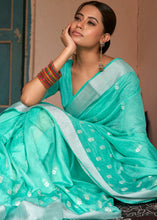 Load image into Gallery viewer, Turquoise Green Floral Embroidered Linen Saree