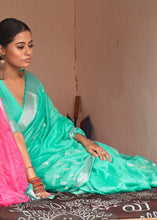 Load image into Gallery viewer, Turquoise Green Floral Embroidered Linen Saree