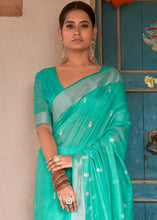 Load image into Gallery viewer, Turquoise Green Floral Embroidered Linen Saree