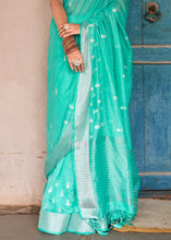 Load image into Gallery viewer, Turquoise Green Floral Embroidered Linen Saree