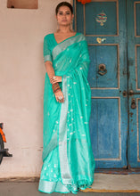 Load image into Gallery viewer, Turquoise Green Floral Embroidered Linen Saree