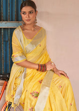 Load image into Gallery viewer, Aureolin Yellow Floral Embroidered Linen Saree