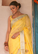 Load image into Gallery viewer, Aureolin Yellow Floral Embroidered Linen Saree