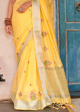 Load image into Gallery viewer, Aureolin Yellow Floral Embroidered Linen Saree