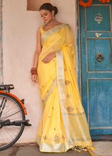 Load image into Gallery viewer, Aureolin Yellow Floral Embroidered Linen Saree