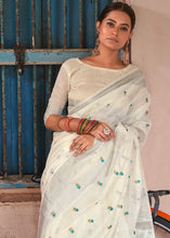 Load image into Gallery viewer, Rice White Floral Embroidered Linen Saree