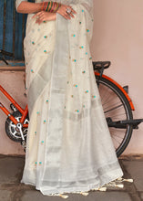 Load image into Gallery viewer, Rice White Floral Embroidered Linen Saree