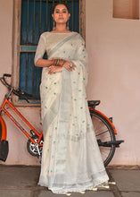 Load image into Gallery viewer, Rice White Floral Embroidered Linen Saree