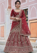 Laden Sie das Bild in den Galerie-Viewer, Maroon Red Velvet Lehenga Choli Having Heavy Embroidery &amp; Hand work: Bridal Edition