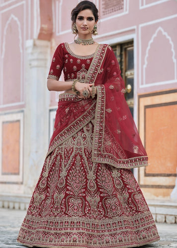 Maroon Red Velvet Lehenga Choli Having Heavy Embroidery & Hand work: Bridal Edition