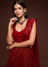 Carica l&#39;immagine nel visualizzatore Galleria,Scarlet Red Sequins &amp; Thread Embroidered Designer Georgette Saree