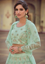 Laden Sie das Bild in den Galerie-Viewer, Mint Green Soft Net Lehenga Choli with Sequins, Thread, Zari &amp; Dori work