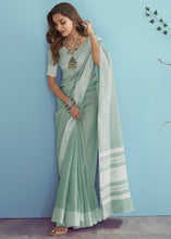 Load image into Gallery viewer, Mint Green Linen Silk Saree with Chikankari Weaved Border