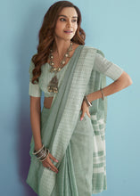Load image into Gallery viewer, Mint Green Linen Silk Saree with Chikankari Weaved Border