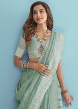 Load image into Gallery viewer, Mint Green Linen Silk Saree with Chikankari Weaved Border