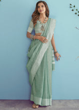 Load image into Gallery viewer, Mint Green Linen Silk Saree with Chikankari Weaved Border
