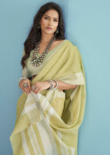 Load image into Gallery viewer, Sheen Green Linen Silk Saree with Chikankari Weaved Border