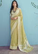 Load image into Gallery viewer, Sheen Green Linen Silk Saree with Chikankari Weaved Border