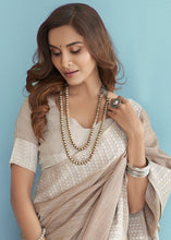Load image into Gallery viewer, Light Sepia Brown Linen Silk Saree with Chikankari Weaved Border