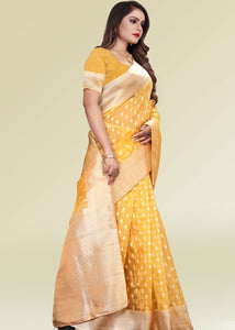 Mustard Yellow Zari Woven Silk Saree with Tassels on Pallu