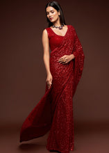 Laden Sie das Bild in den Galerie-Viewer, Scarlet Red Sequins &amp; Thread Embroidered Designer Georgette Saree