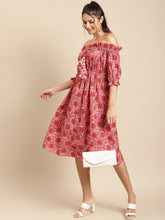 Load image into Gallery viewer, Off shoulder printed midi dress with front tie up