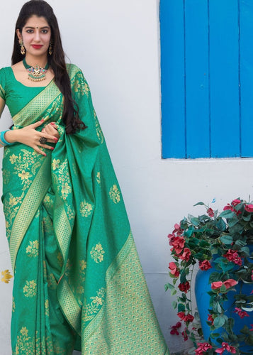 Parakeet Green Floral Motif Silk Saree