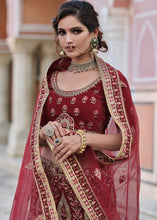 Laden Sie das Bild in den Galerie-Viewer, Maroon Red Velvet Lehenga Choli Having Heavy Embroidery &amp; Hand work: Bridal Edition