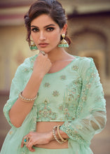 Laden Sie das Bild in den Galerie-Viewer, Mint Green Soft Net Lehenga Choli with Sequins, Thread, Zari &amp; Dori work