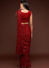 Laden Sie das Bild in den Galerie-Viewer, Scarlet Red Sequins &amp; Thread Embroidered Designer Georgette Saree