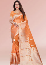 Laden Sie das Bild in den Galerie-Viewer, Rust Orange Zari Woven Silk Saree with Tassels on Pallu