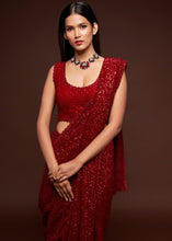 Laden Sie das Bild in den Galerie-Viewer, Scarlet Red Sequins &amp; Thread Embroidered Designer Georgette Saree