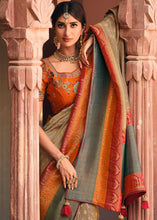 Load image into Gallery viewer, Khaki Brown Woven Banarasi Silk Saree with Embroidered Blouse