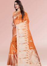 Laden Sie das Bild in den Galerie-Viewer, Rust Orange Zari Woven Silk Saree with Tassels on Pallu