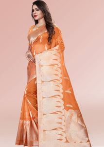 Rust Orange Zari Woven Silk Saree with Tassels on Pallu