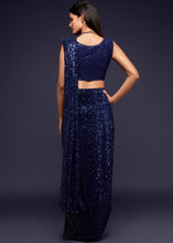 Carica l&#39;immagine nel visualizzatore Galleria,Berry Blue Sequins &amp; Thread Embroidered Designer Georgette Saree