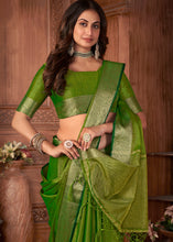 Load image into Gallery viewer, Emerald Green Zari Woven Tussar Silk Saree