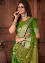 Load image into Gallery viewer, Emerald Green Zari Woven Tussar Silk Saree