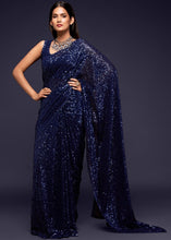 Load image into Gallery viewer, Berry Blue Sequins &amp; Thread Embroidered Designer Georgette Saree