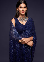 Carica l&#39;immagine nel visualizzatore Galleria,Berry Blue Sequins &amp; Thread Embroidered Designer Georgette Saree