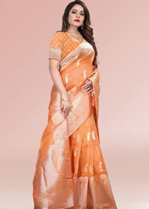 Rust Orange Zari Woven Silk Saree with Tassels on Pallu