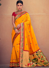 Laden Sie das Bild in den Galerie-Viewer, Bright Yellow Woven Paithani Banarasi Silk Saree with Swarovski work &amp; Embroidered Blouse