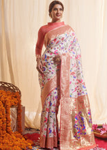 Cargar imagen en el visor de la galería, Pearl White Woven Paithani Silk Saree